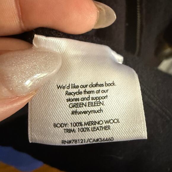 EILEEN FISHER Black Merino Wool and Leather Minimalist Asymmetrical Coat Medium - Picture 9 of 9